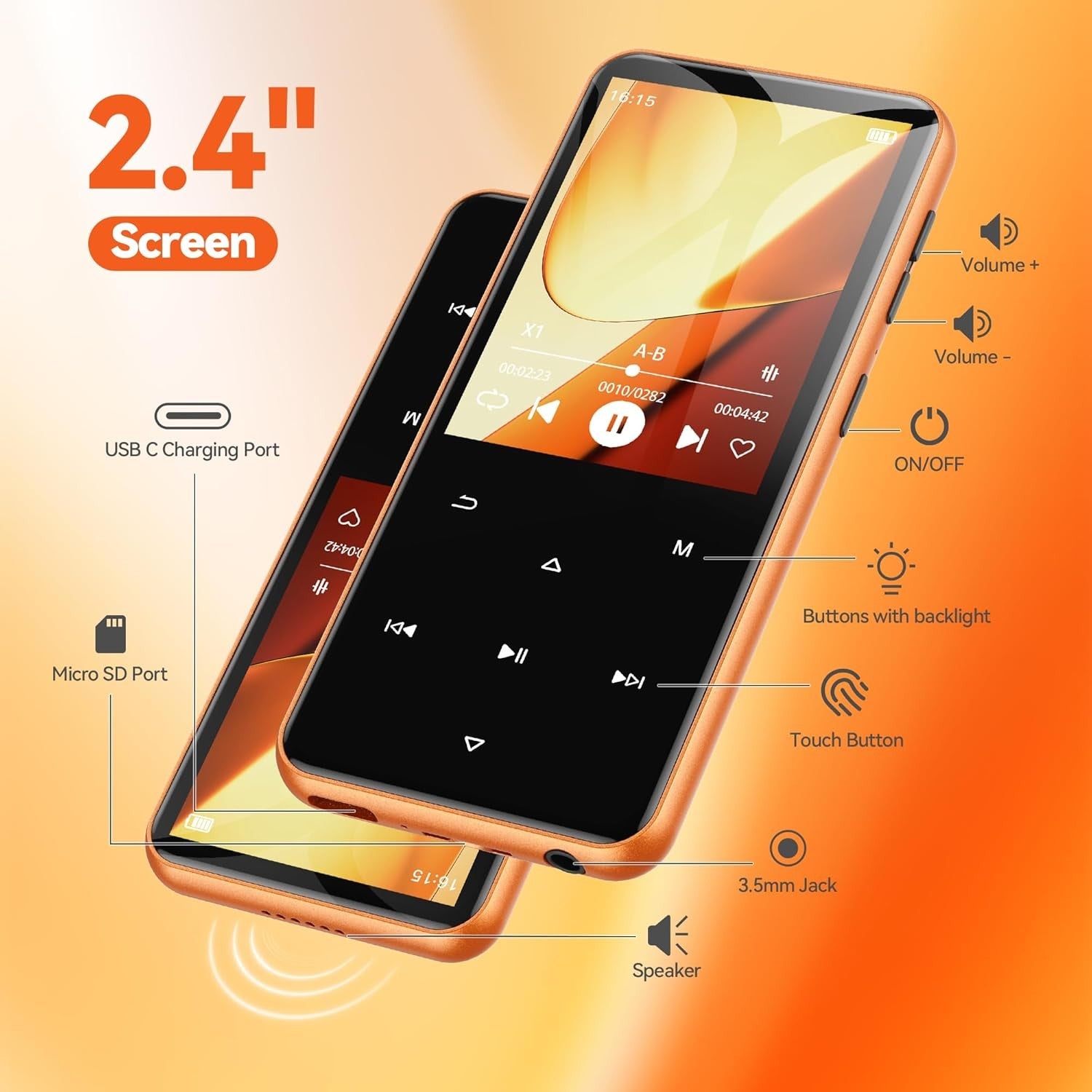 64GB Bluetooth 5.3 MP3 Player 2.4" Screen FM Radio Speaker Orange