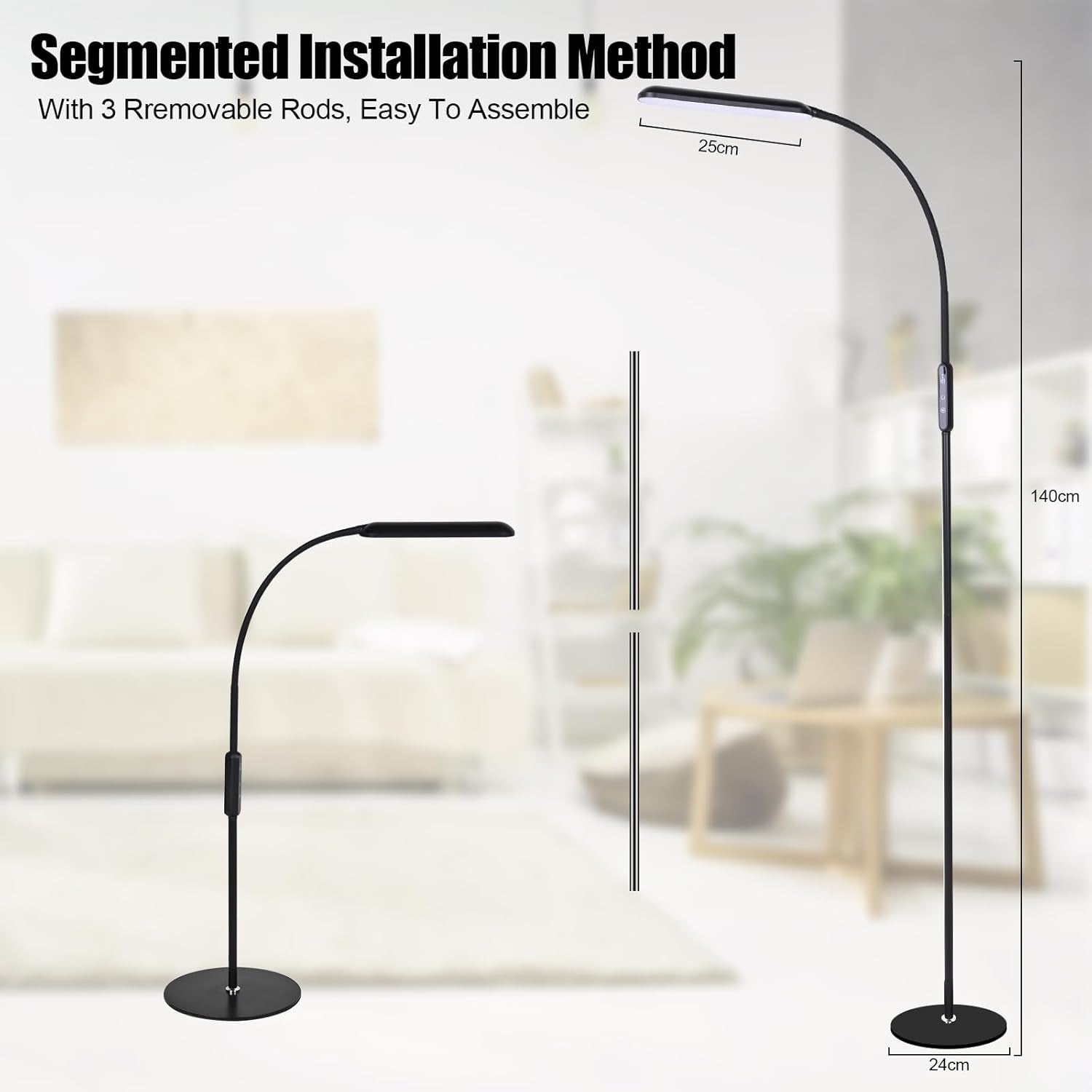 LED Floor Lamp Touch Dimmable Gooseneck Reading Light Adjustable Black
