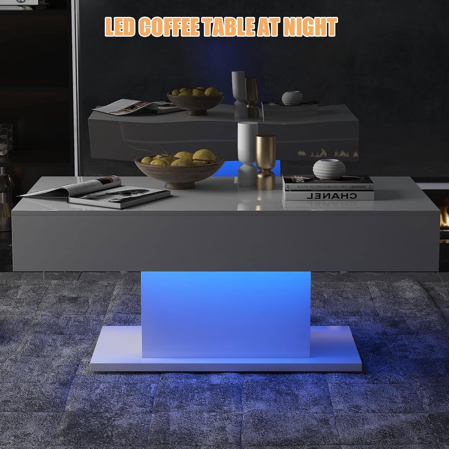Modern White LED Coffee Table, High Gloss Rectangular 110x55cm