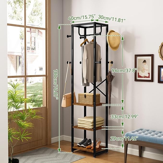 Freestanding Coat Rack with Shelves & Hooks | Industrial Entryway Organizer