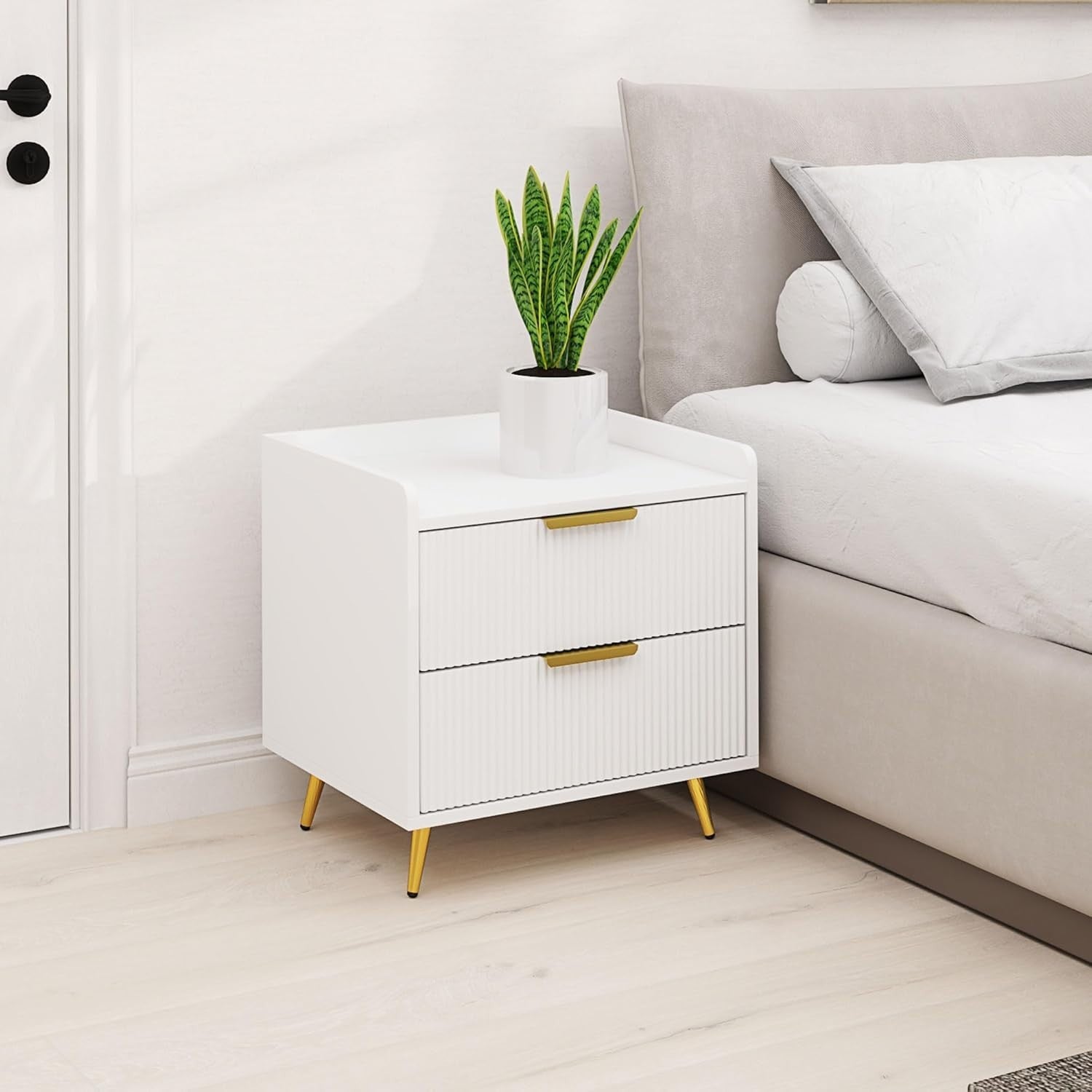 Modern White Bedside Table with 2 Drawers & Gold Metal Legs | Elegant Nightstand