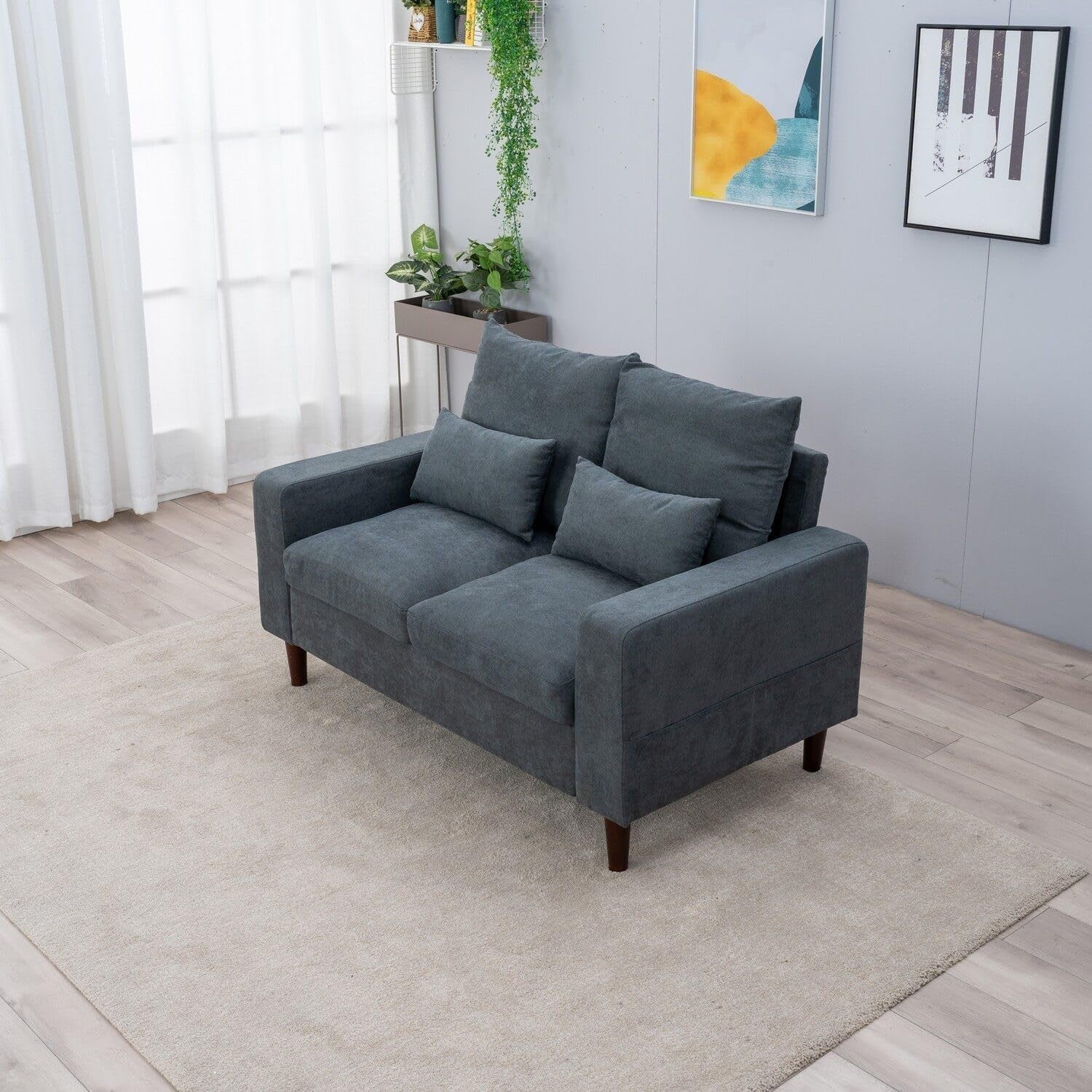 2 Seater Grey Fabric Sofa Couch with Cushions, Small Living Room Ready