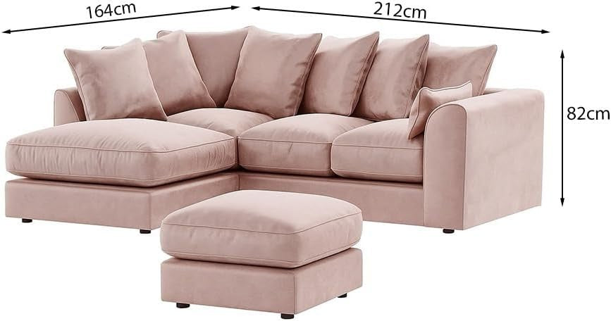 Velvet Pink L Shape Corner Sofa – 4 Seater Scatter Back Couch Left Hand