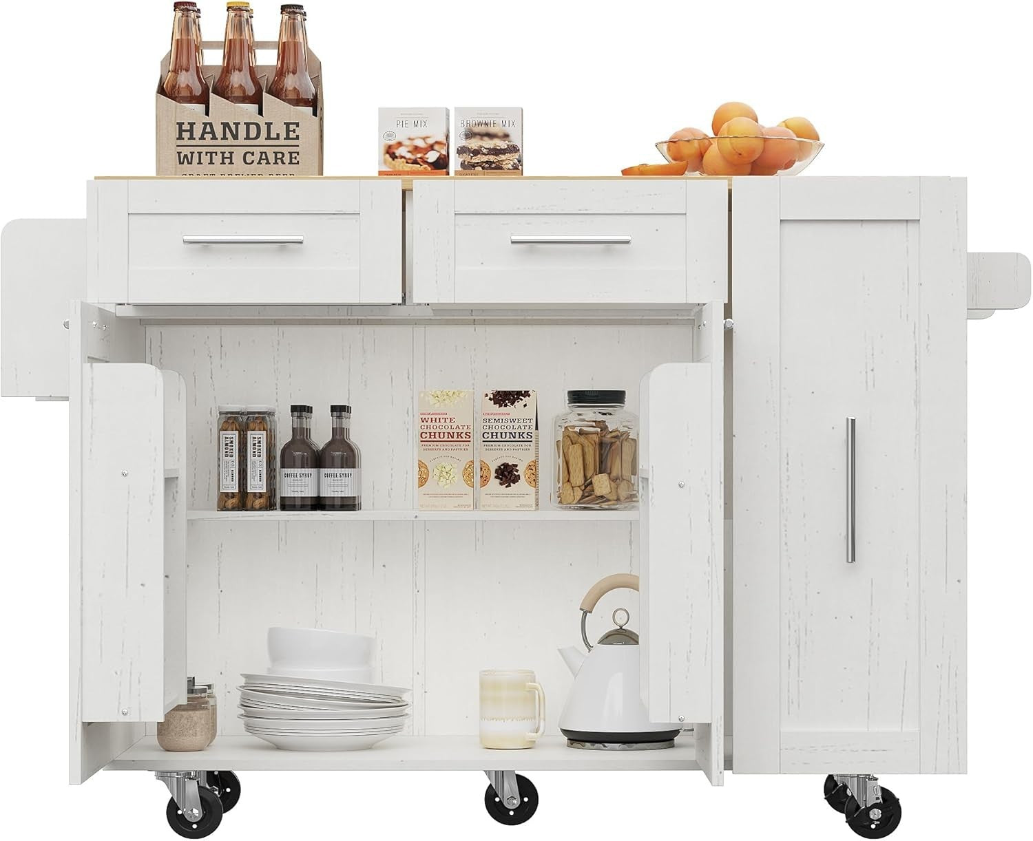White Kitchen Island Cart with Foldable Tabletop & Storage 134x46x90cm