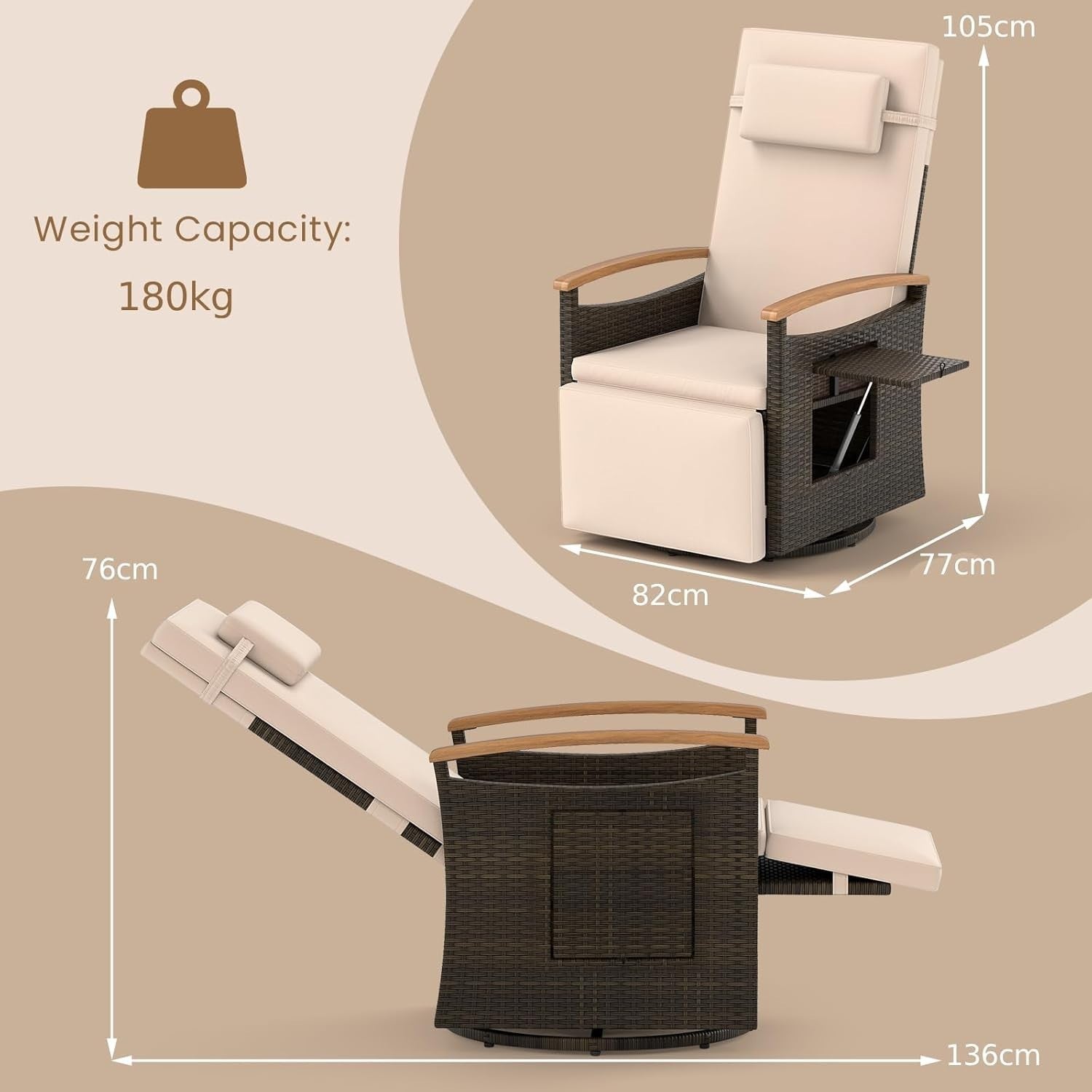 360° Swivel Rattan Recliner Chair with Footrest Side Table Garden Lounger