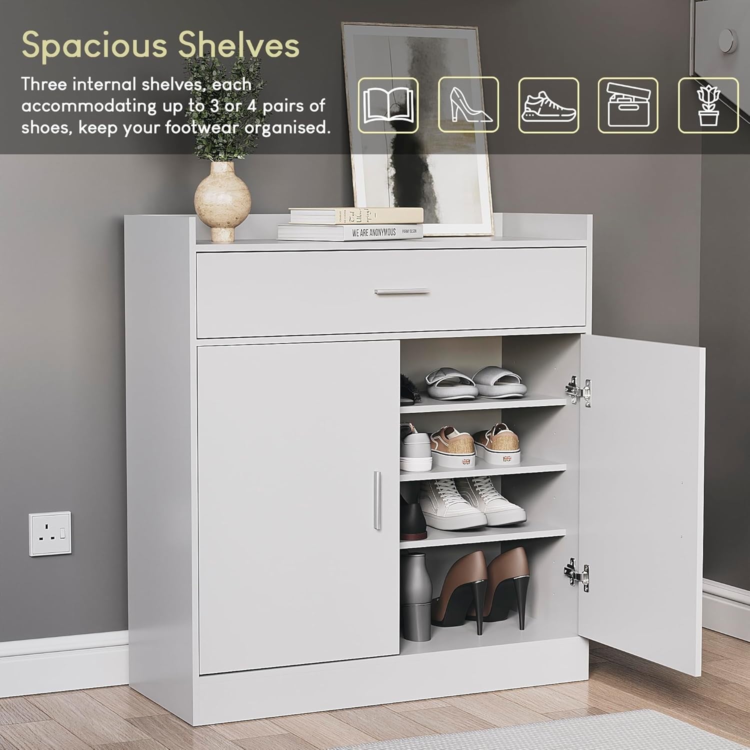 Modern White Shoe Cabinet 2 Door 1 Drawer Cupboard Hallway Storage Unit