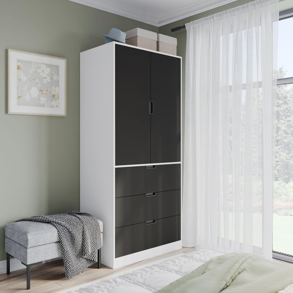 Tall Black Wardrobe with Rail & 3 Drawers | Modern 2 Door Bedroom Storage