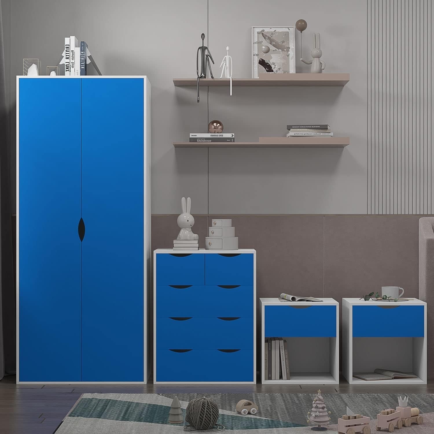 4pc Bedroom Furniture Set Wardrobe Chest Bedside Cabinet Blue on White