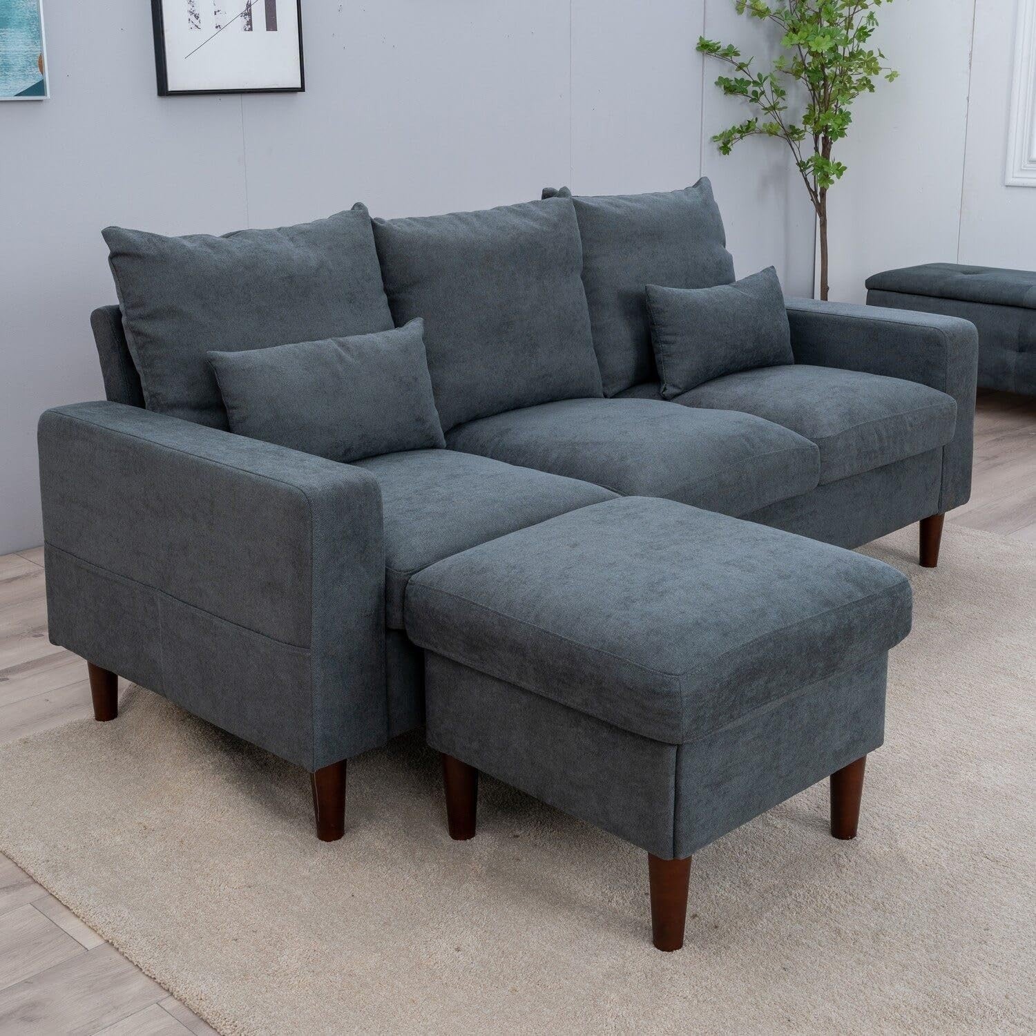 3 Seater Sofa Bed Grey with Footstool Linen Fabric L-Shape for Lounge Home
