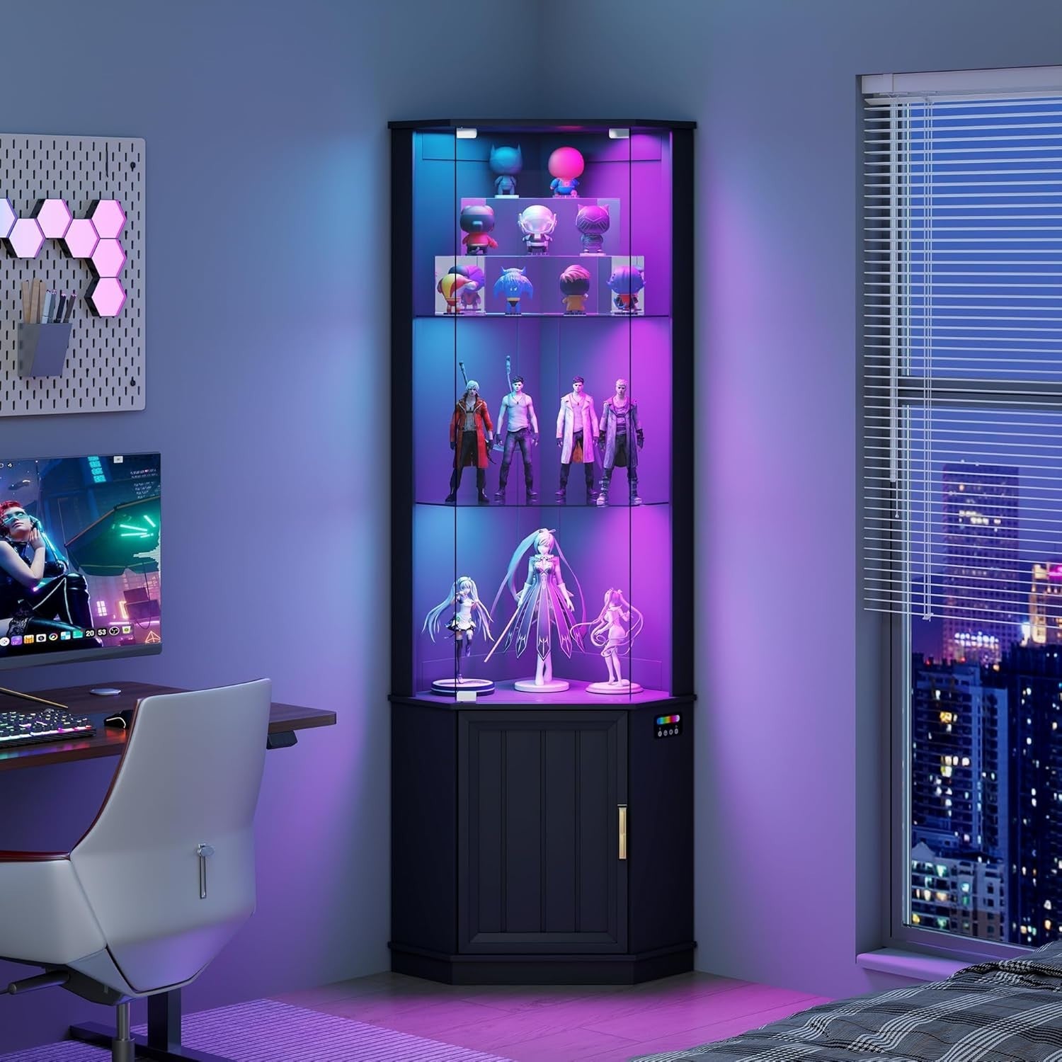 3-Tier Glass Display Cabinet with Motion Sensor & RGB Lights, 69" Corner Shelf