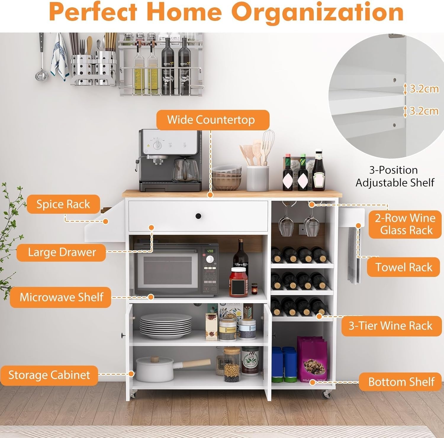 Rolling Kitchen Island Cart with Drop Leaf, Wine Rack & Adjustable Shelves