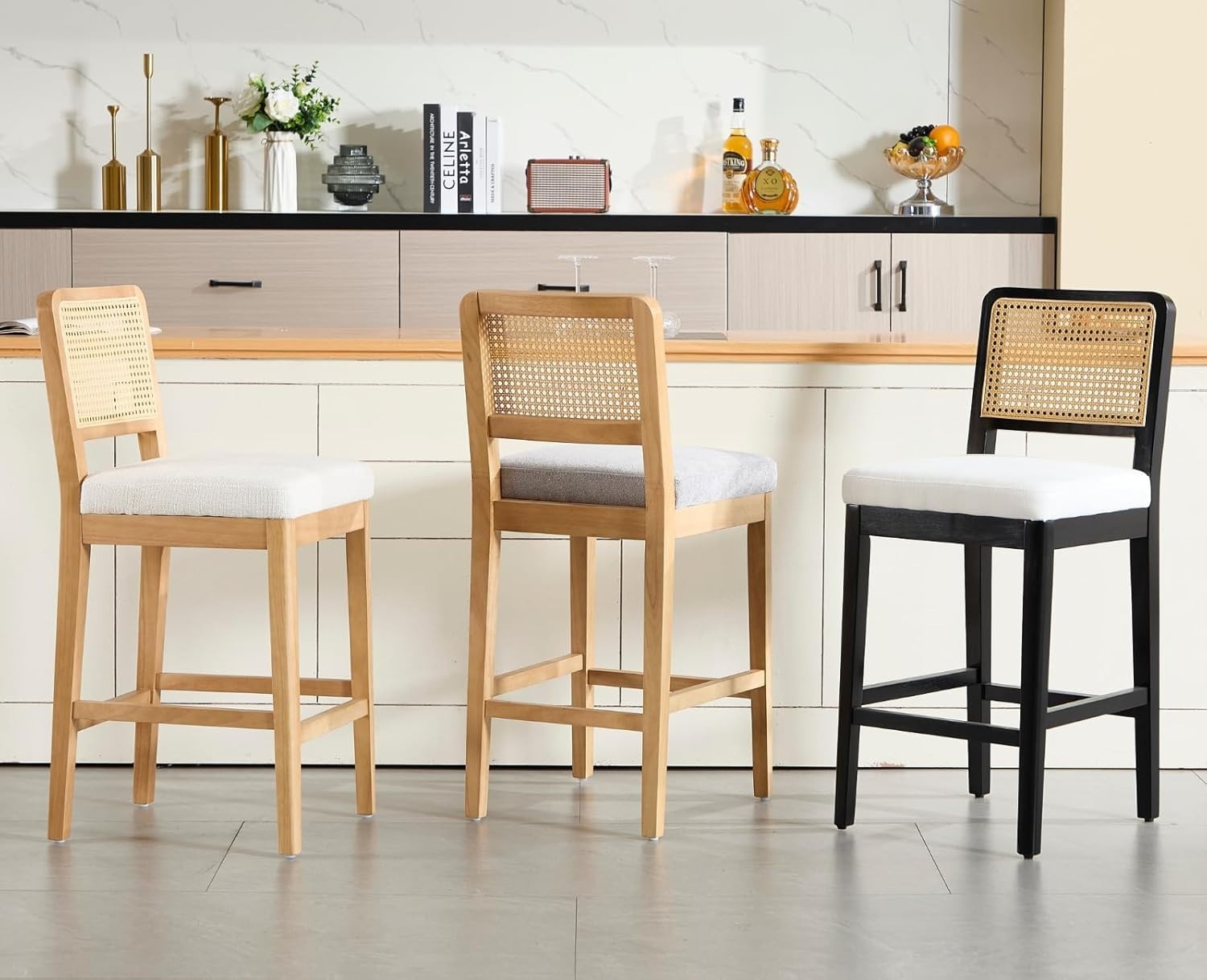 White Chenille Bar Stool Set of 4 with Rattan Back Wooden Legs