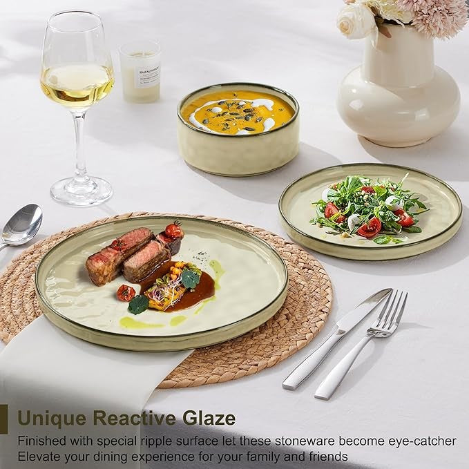 12 Piece Stoneware Dinner Set for 4 Reactive Glaze Plates Bowls Beige