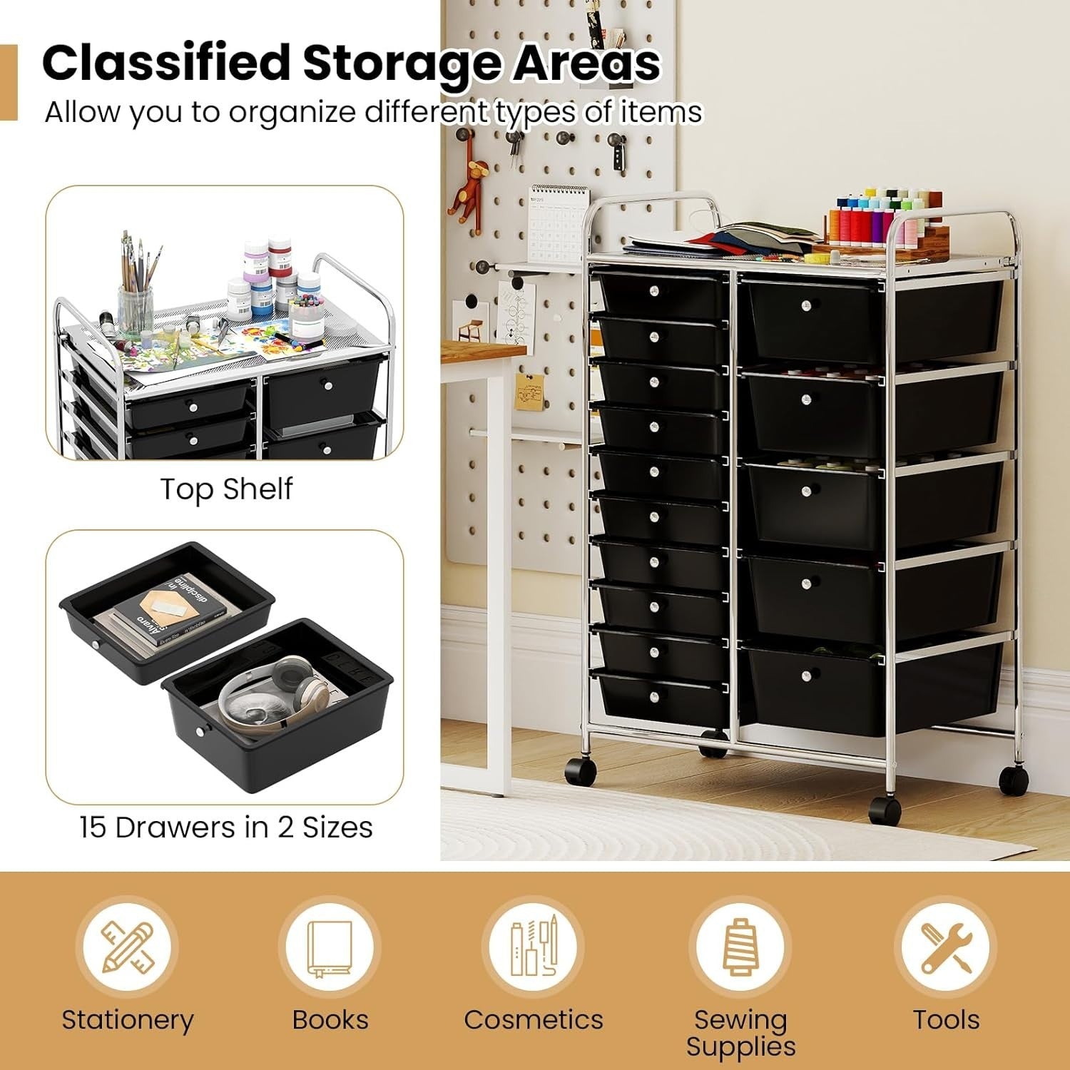 15 Drawer Mobile Storage Cart Rolling Organizer Trolley Lockable Wheels
