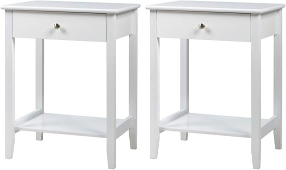 Slim White Bedside Tables Set of 2 – Drawer Storage Shelf Compact Nightstands
