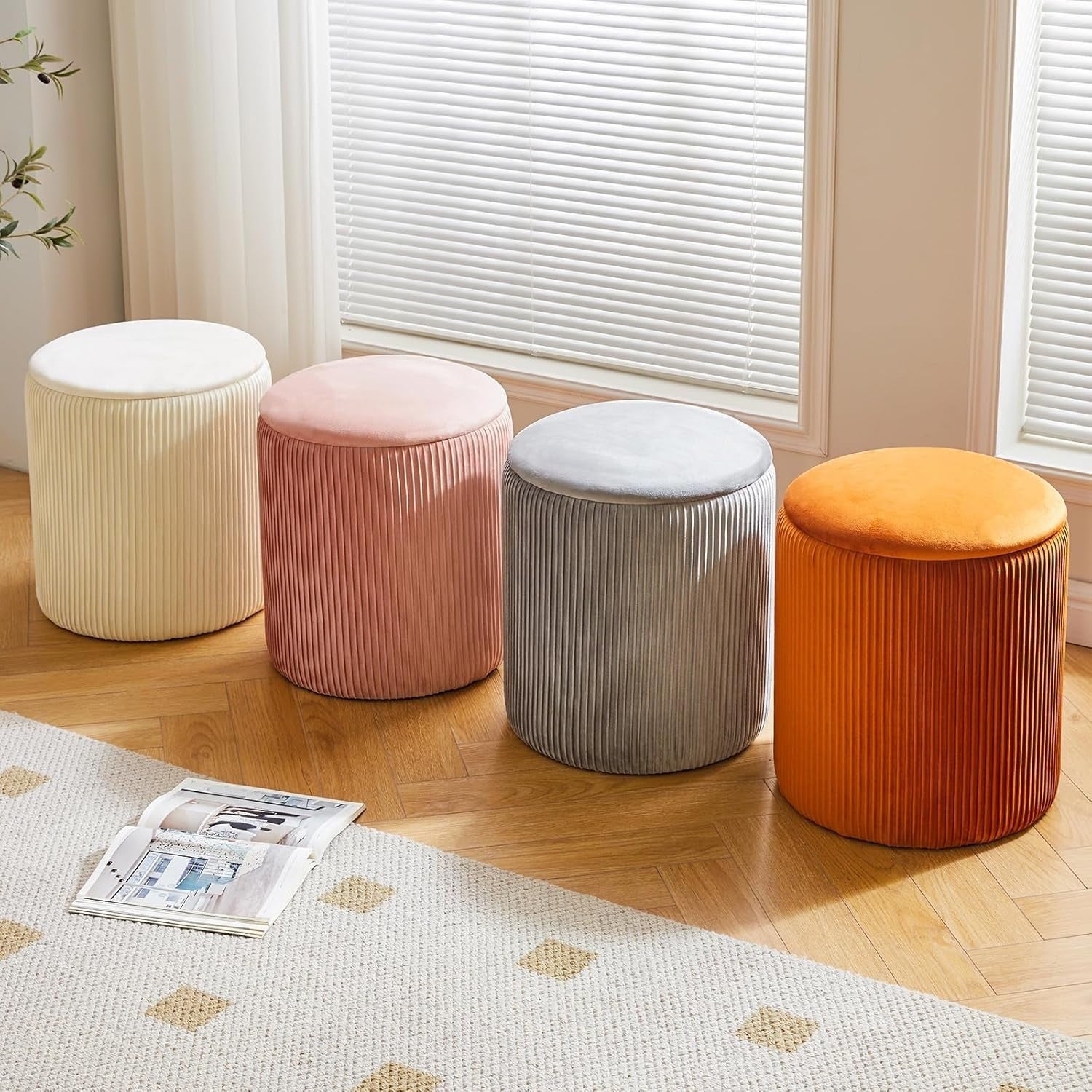 Set of 2 Pink Round Storage Ottomans – Velvet Vanity Stools & Side Tables