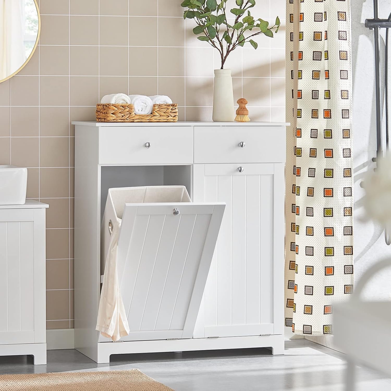 Bathroom Laundry Cabinet Storage Unit with Drawers & Baskets White MDF