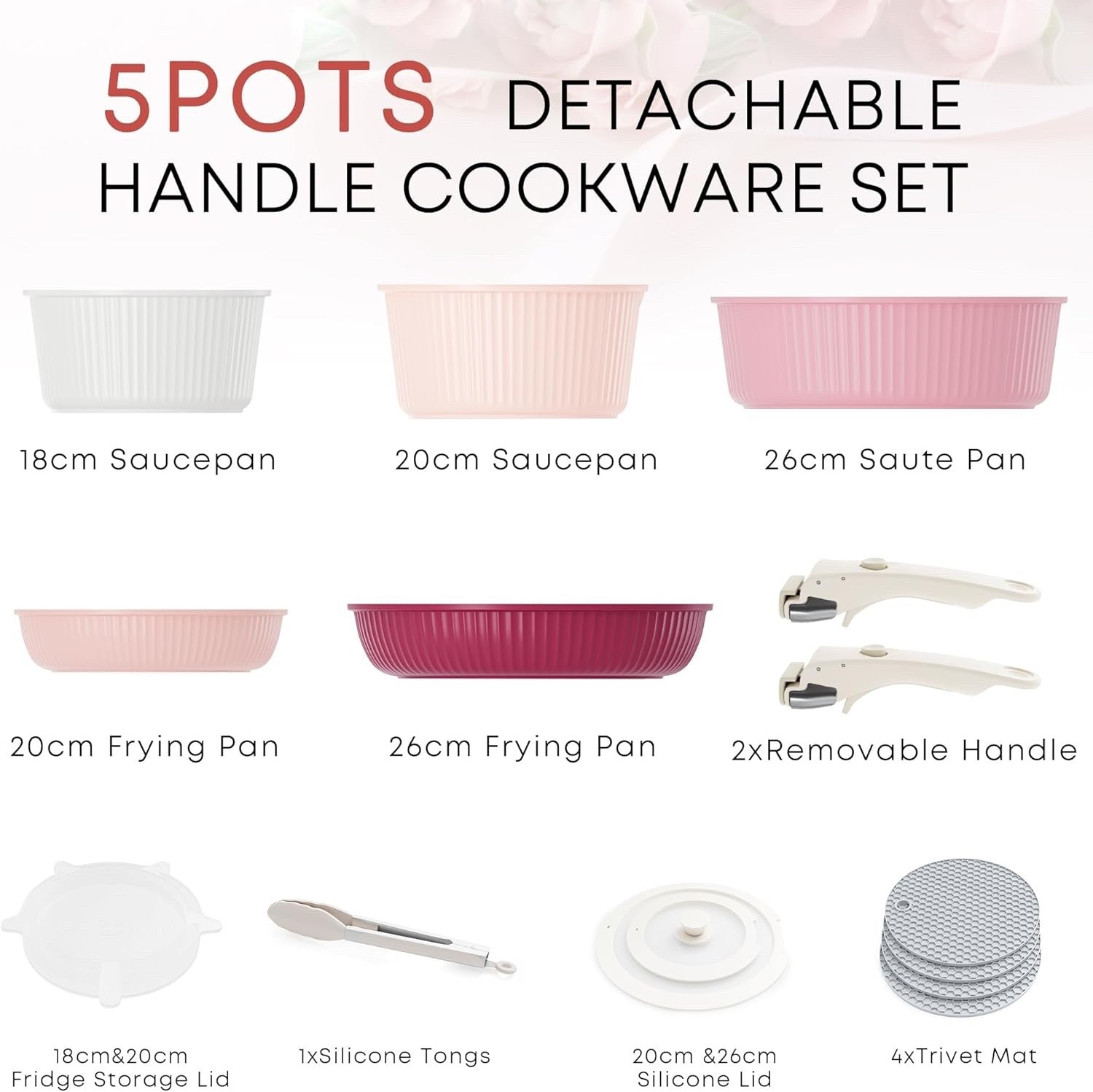 5Pcs Graduated Pink Pots Pans Set with Lids & Detachable Handle Induction Safe