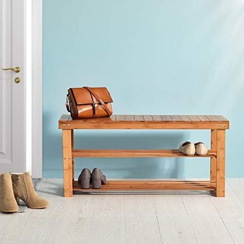 2-Tier Bamboo Shoe Storage Bench with Seat for Entryway Hallway 90cm