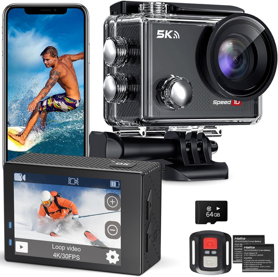 5K Action Camera Waterproof 131FT WiFi EIS Remote 64GB Black