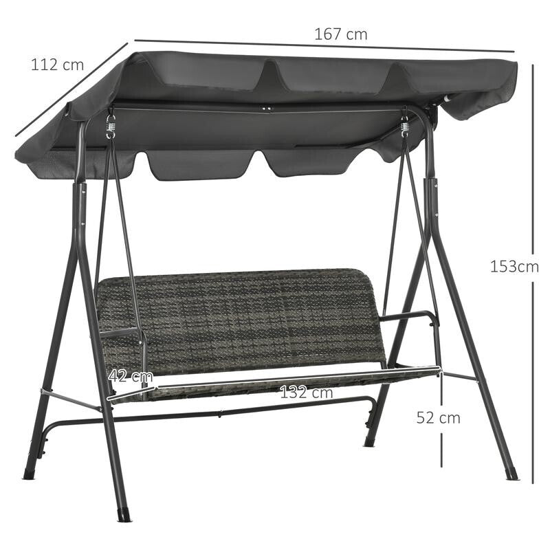 3-Seater Grey Rattan Garden Swing Chair with Canopy Outdoor Patio Seat
