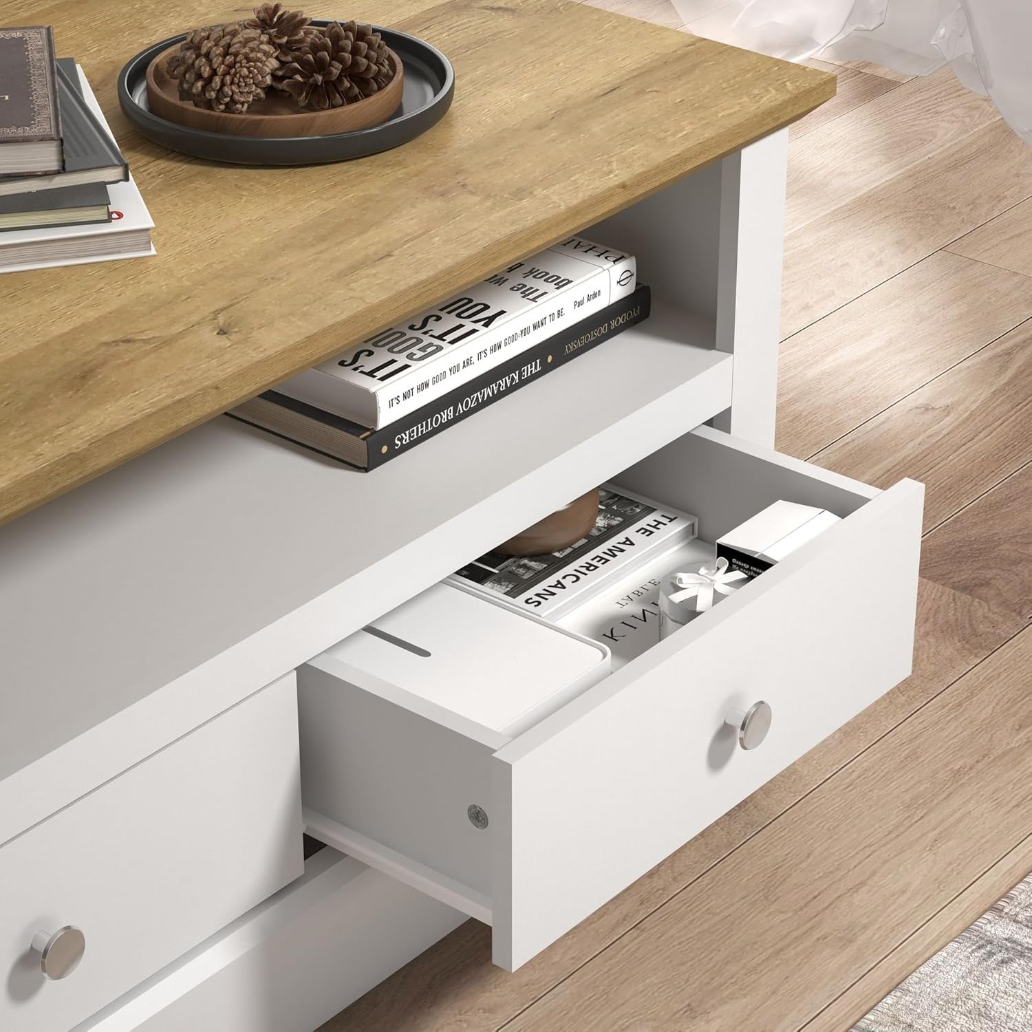 Lift Top Coffee Table with Storage Drawers – White Oak Modern Living Room