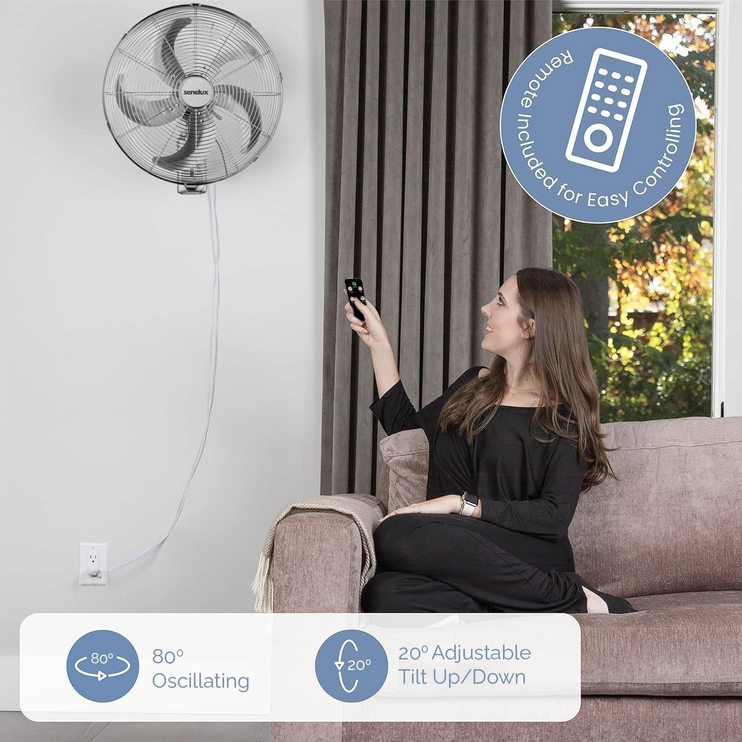 16" Wall Fan – Chrome Remote-Controlled 3-Speed Quiet 50W Oscillating Cooling