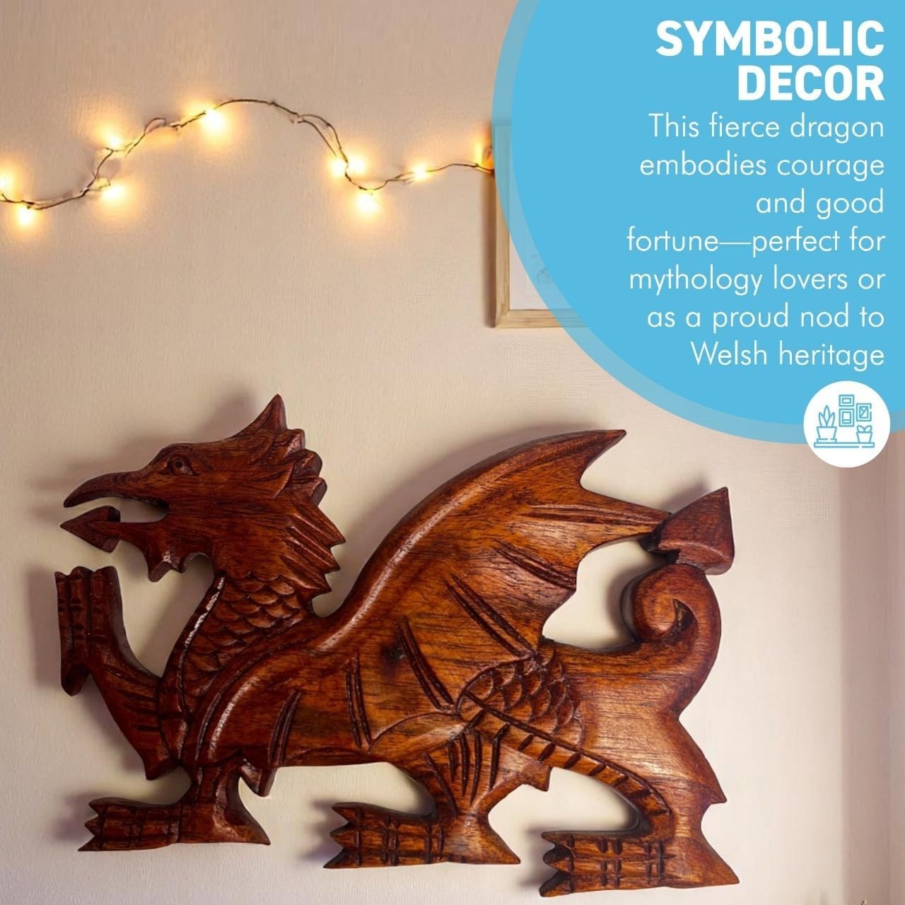 Wooden Dragon Wall Plaque Hand-Carved Decor | Welsh Dragon Ornament | 23cm
