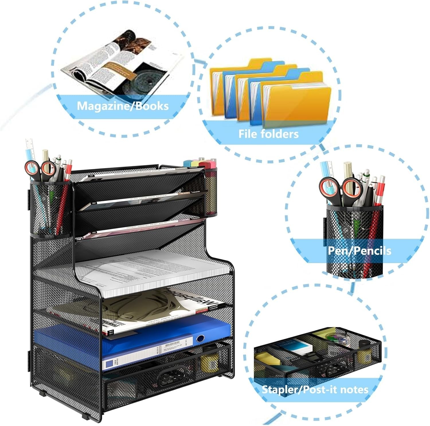 7-Tier Letter Tray Desk Organiser with Drawer, Magazine & A4 Paper Holder, Black