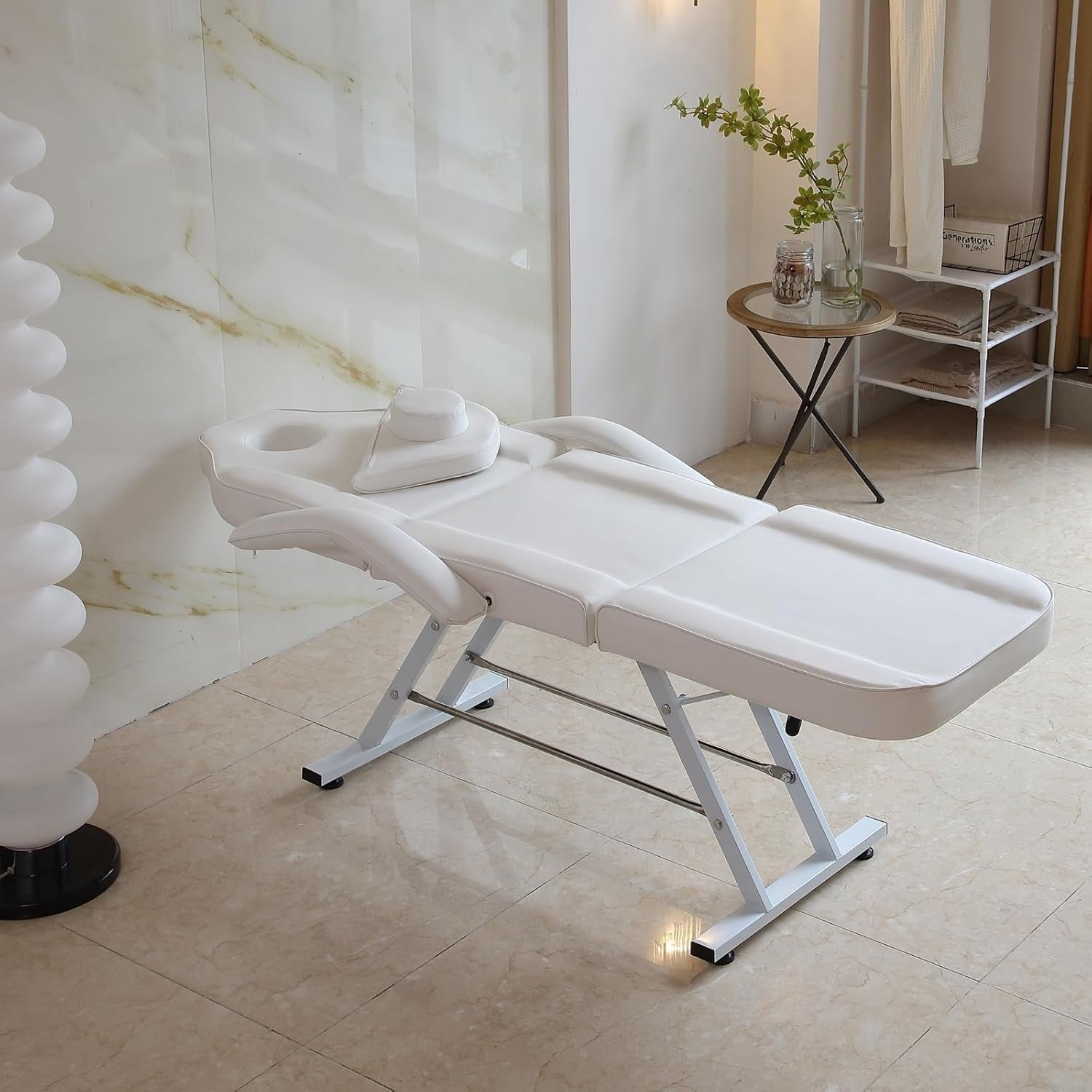 3-Section Beauty Massage Bed Adjustable Therapy Chair w/ Stool & Sheets White