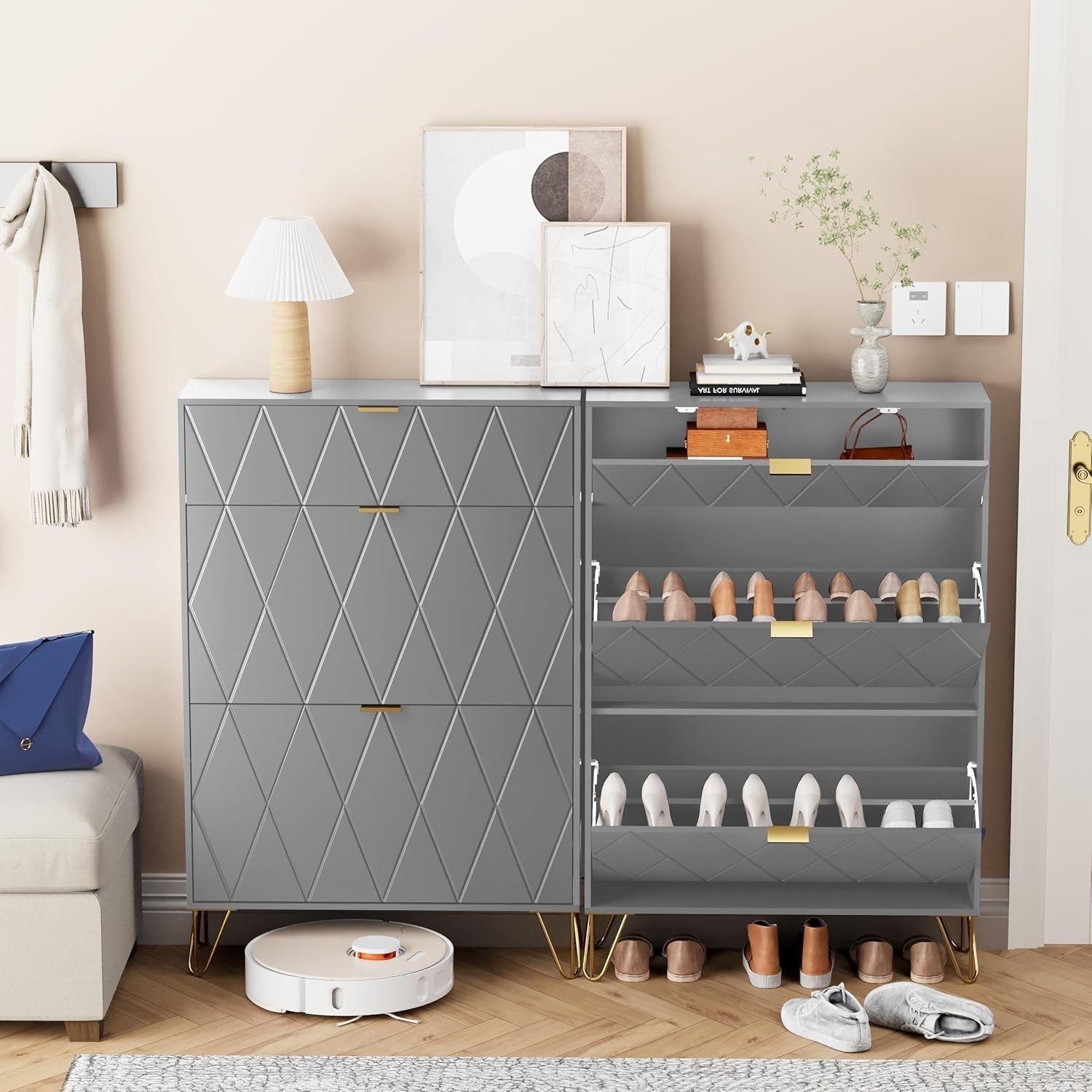 Modern Tilting Shoe Cabinet 16 Pair Storage 3 Compartment Hidden Shelf 80x120cm