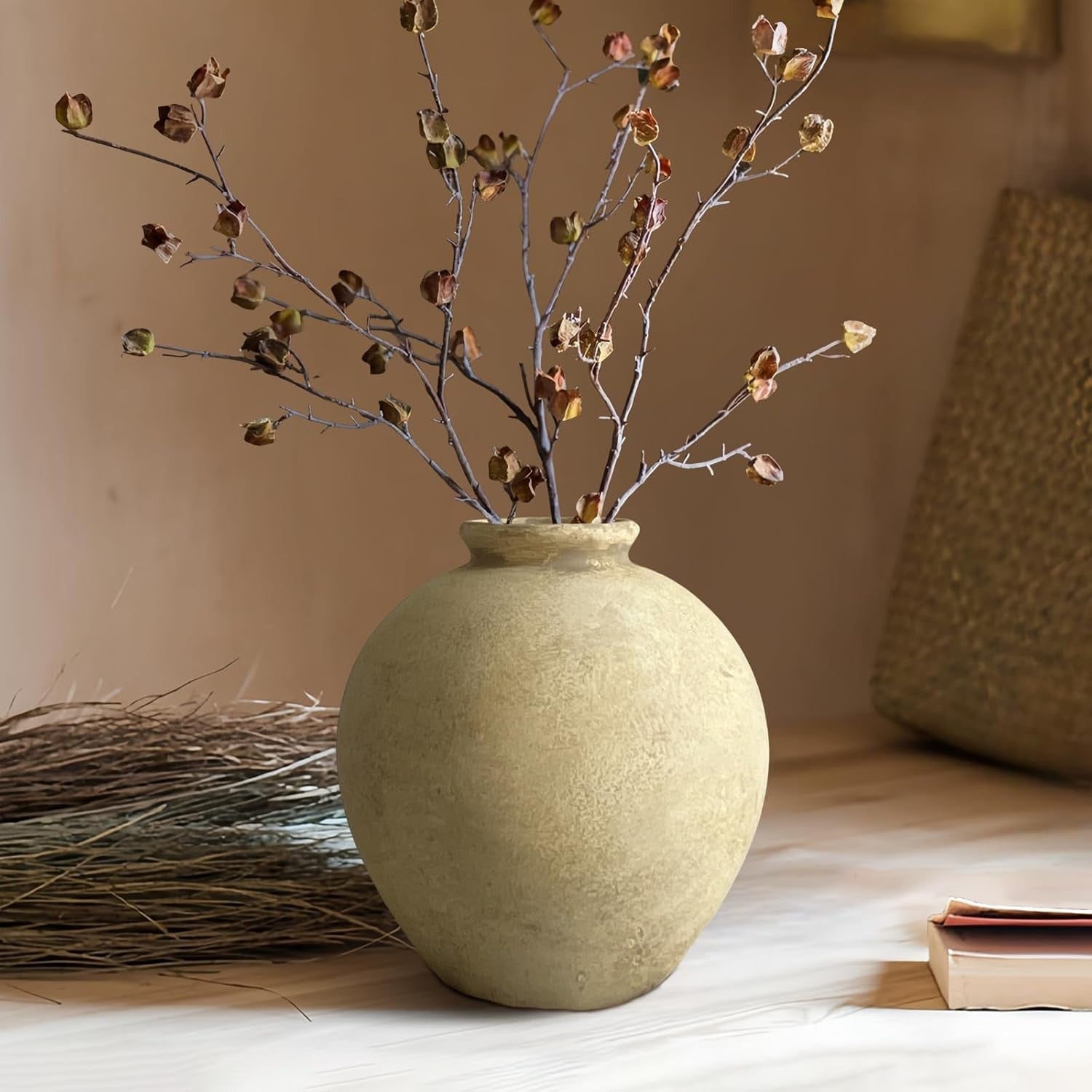 Beige Rustic Ceramic Vase 22cm Terracotta Table Centrepiece Home Decor