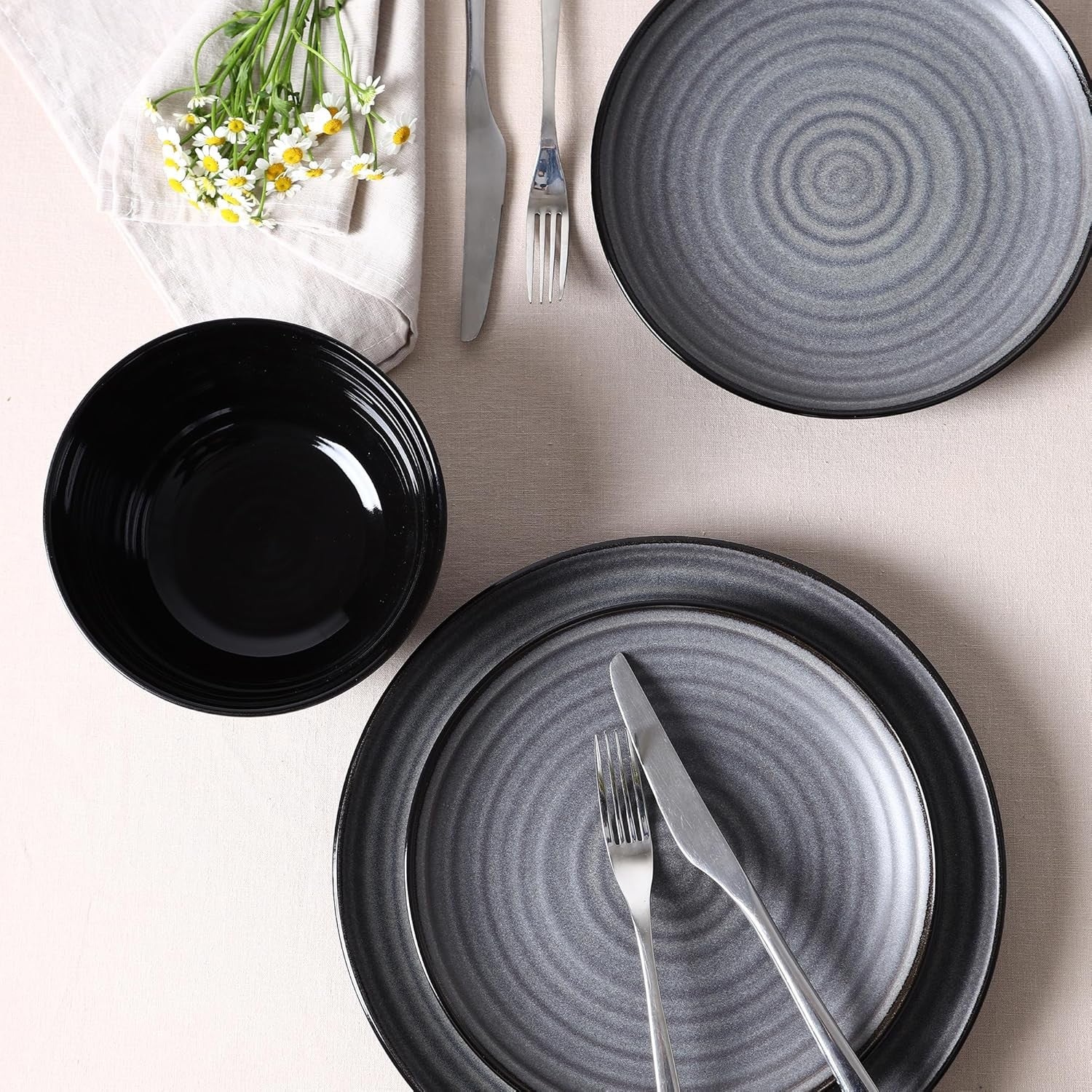 12pc Stoneware Dinner Set Plates Bowls Black Scratch Resistant Modern