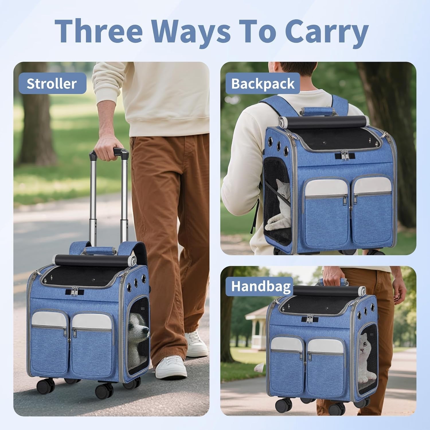 Cat Carrier with Wheels 3-in-1 Backpack Trolley Travel Bag Blue
