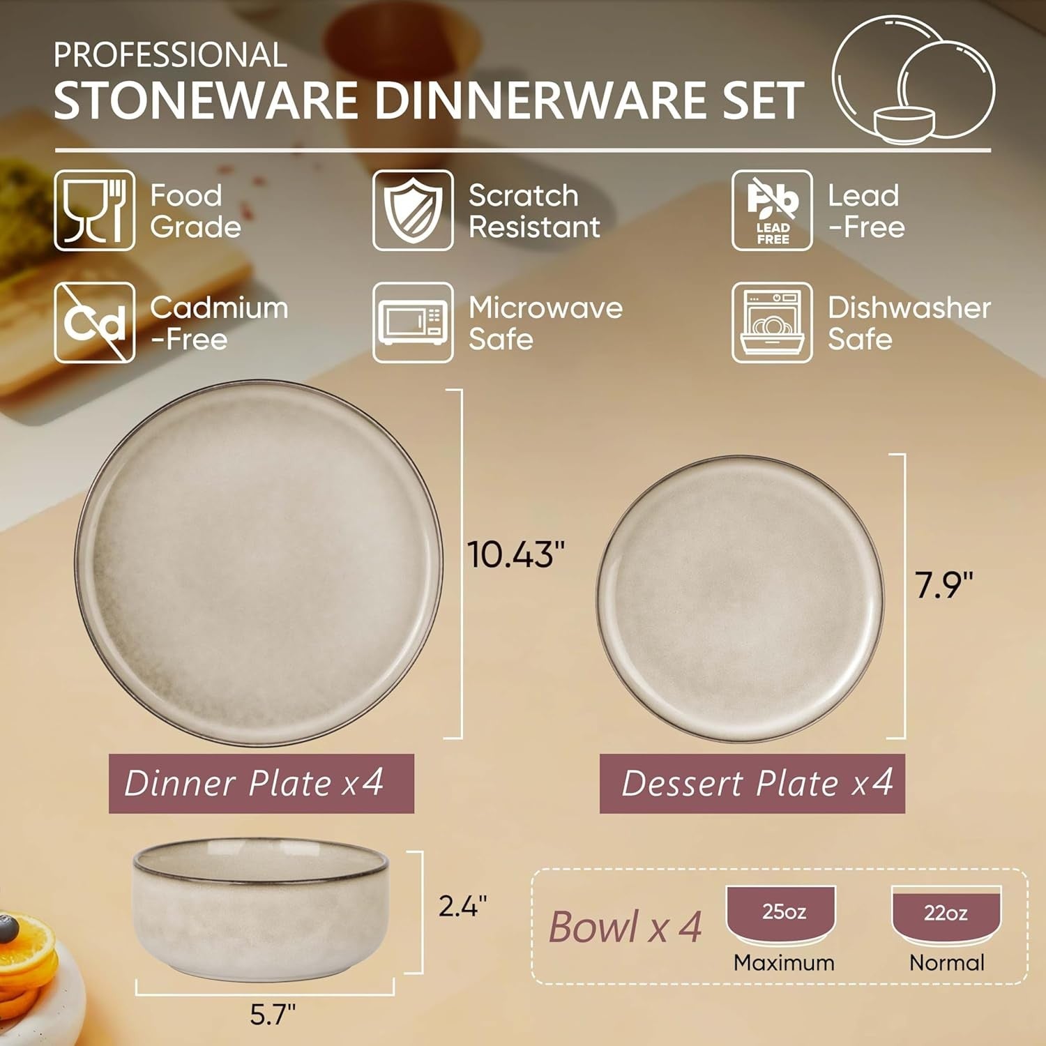 12pc Stoneware Dinner Set Plates Bowls Microwave Dishwasher Safe Cream