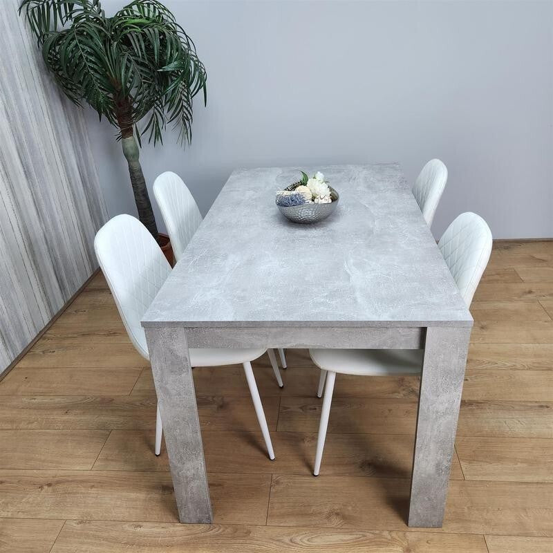 Modern Grey Dining Table Set 4 White Faux Leather Chairs for Kitchen Room