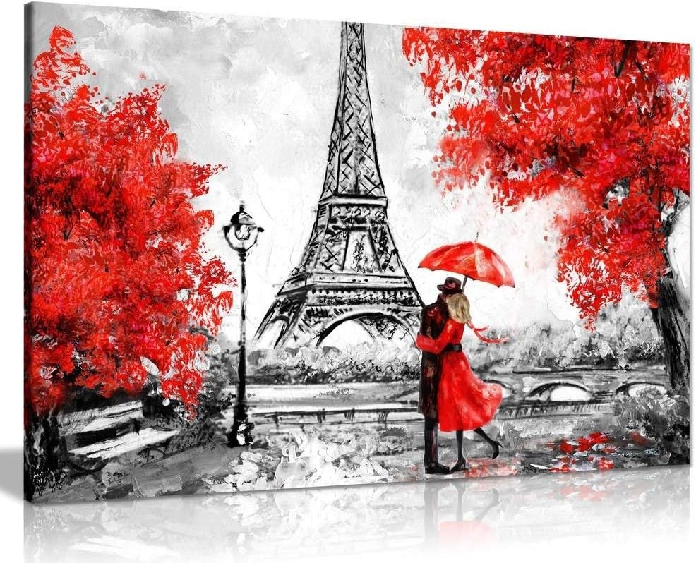 Large Eiffel Tower Canvas Wall Art 30x20 Red Umbrella Paris Print
