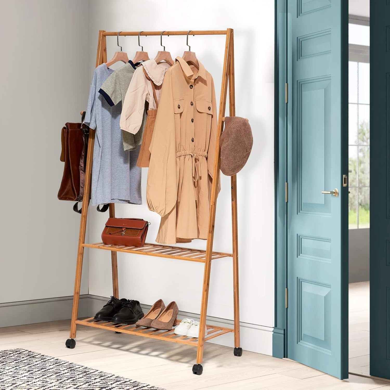 3-in-1 Wooden Coat Stand with Shoe Rack & Hooks – Bamboo Brown