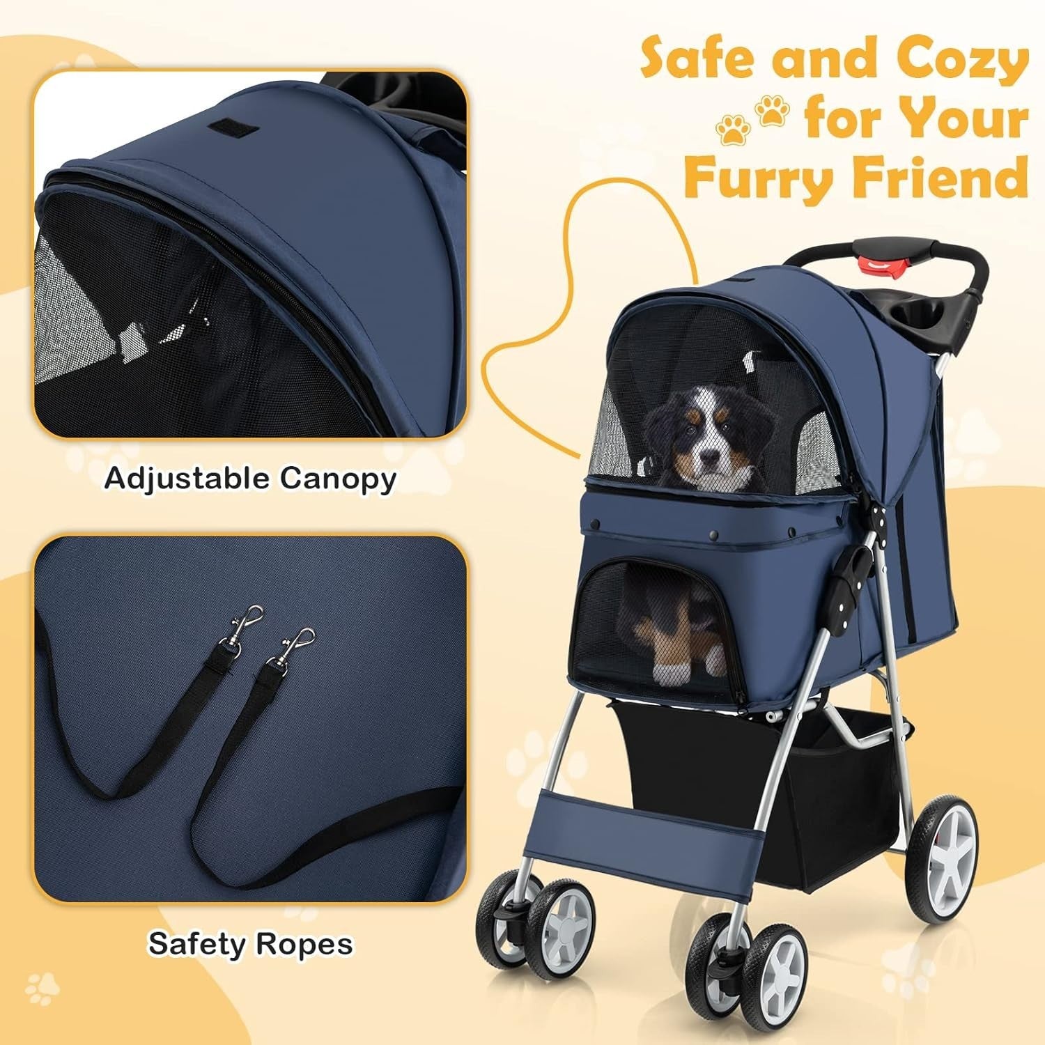 Blue Pet Stroller Foldable Dog Cat Pushchair 15kg Storage Basket