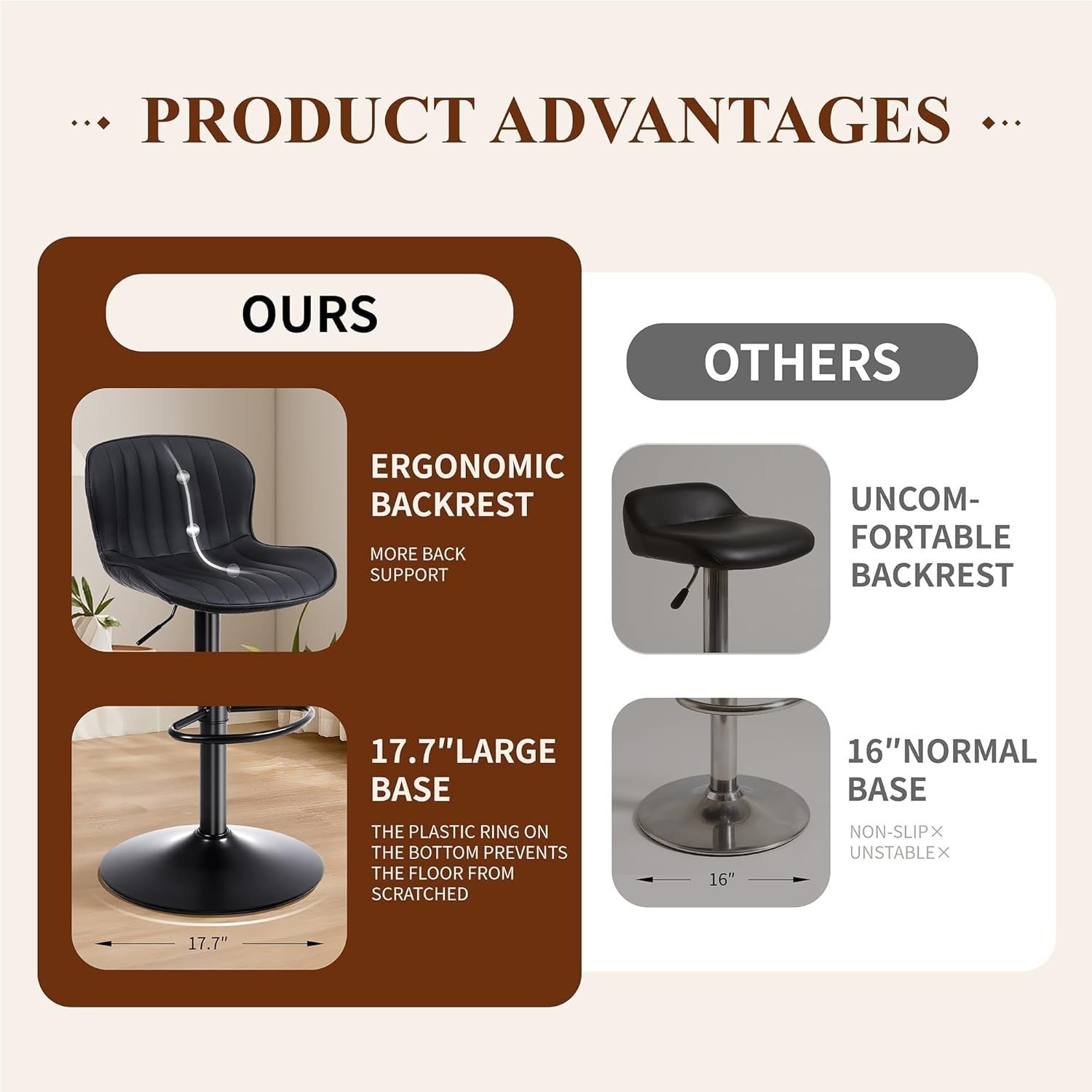 Black PU Leather Bar Stools Set of 2 Adjustable Kitchen Counter Chairs
