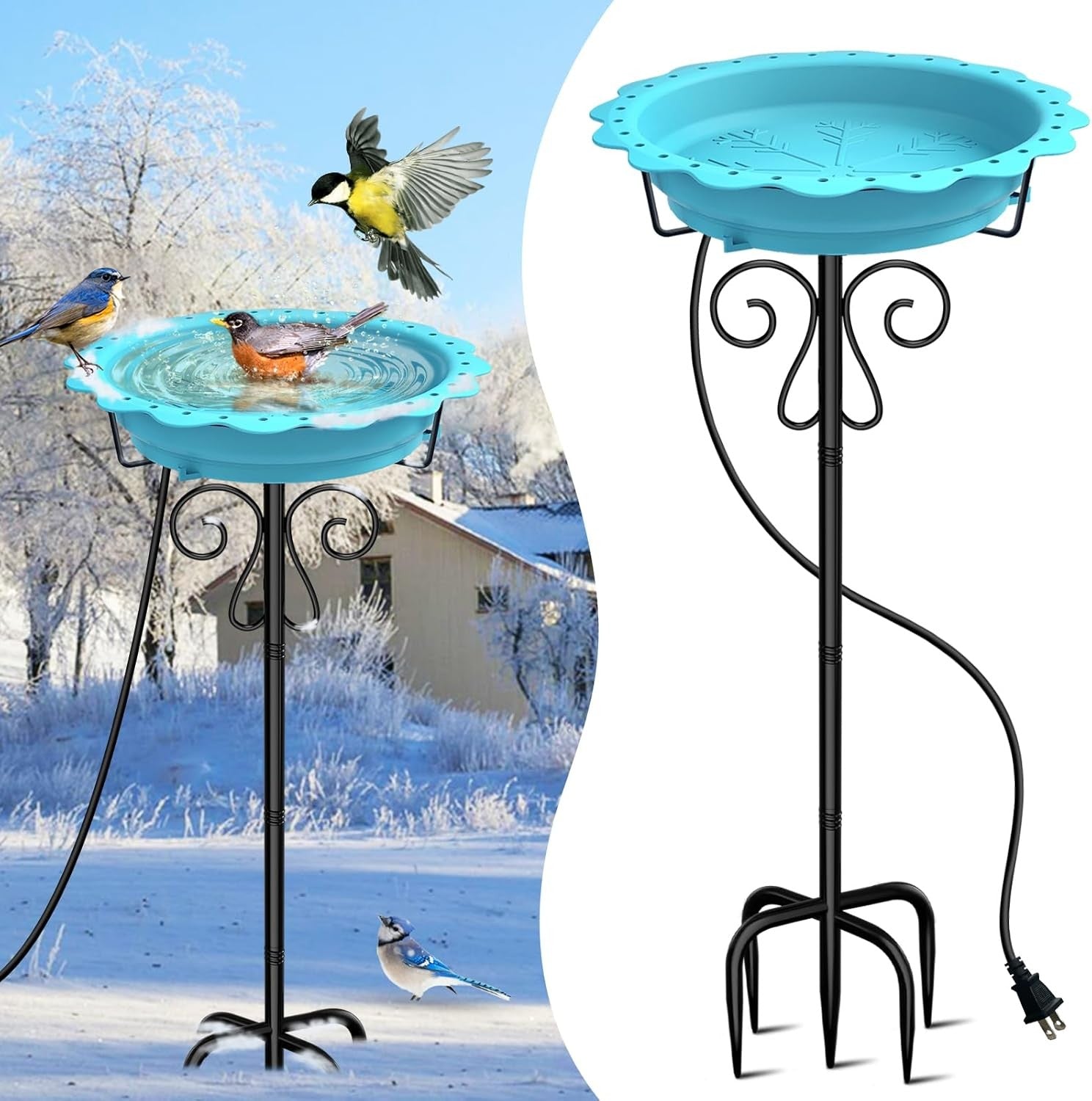 Heated Bird Bath Blue Outdoor Water Feeder 100W Thermostat Metal Stand Winter