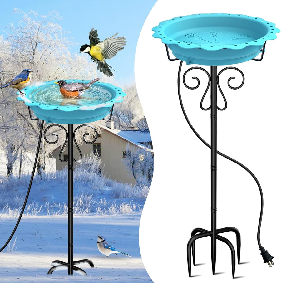 Heated Bird Bath Blue Outdoor Water Feeder 100W Thermostat Metal Stand Winter