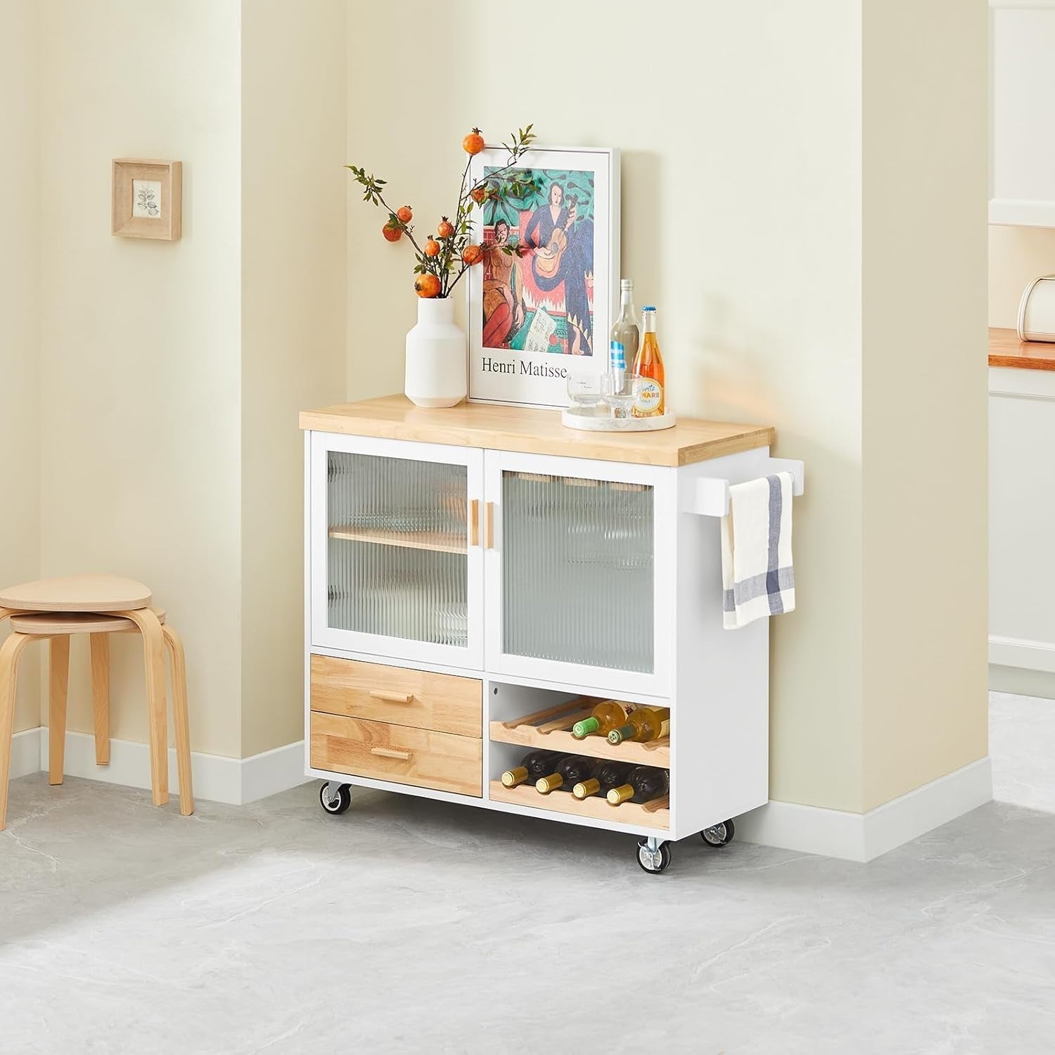 Mobile Kitchen Island Trolley with Glass Doors & Wine Rack White 109x40cm
