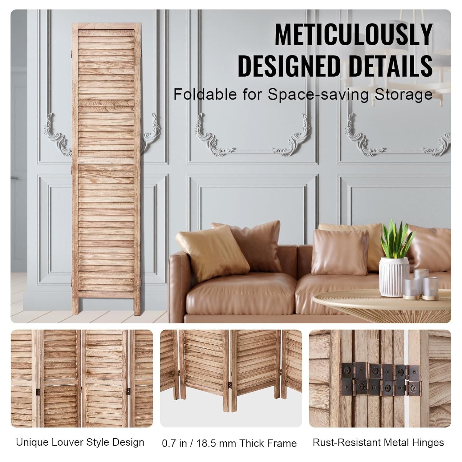 6 Panel Wooden Folding Room Divider Natural Privacy Screen 240x170cm