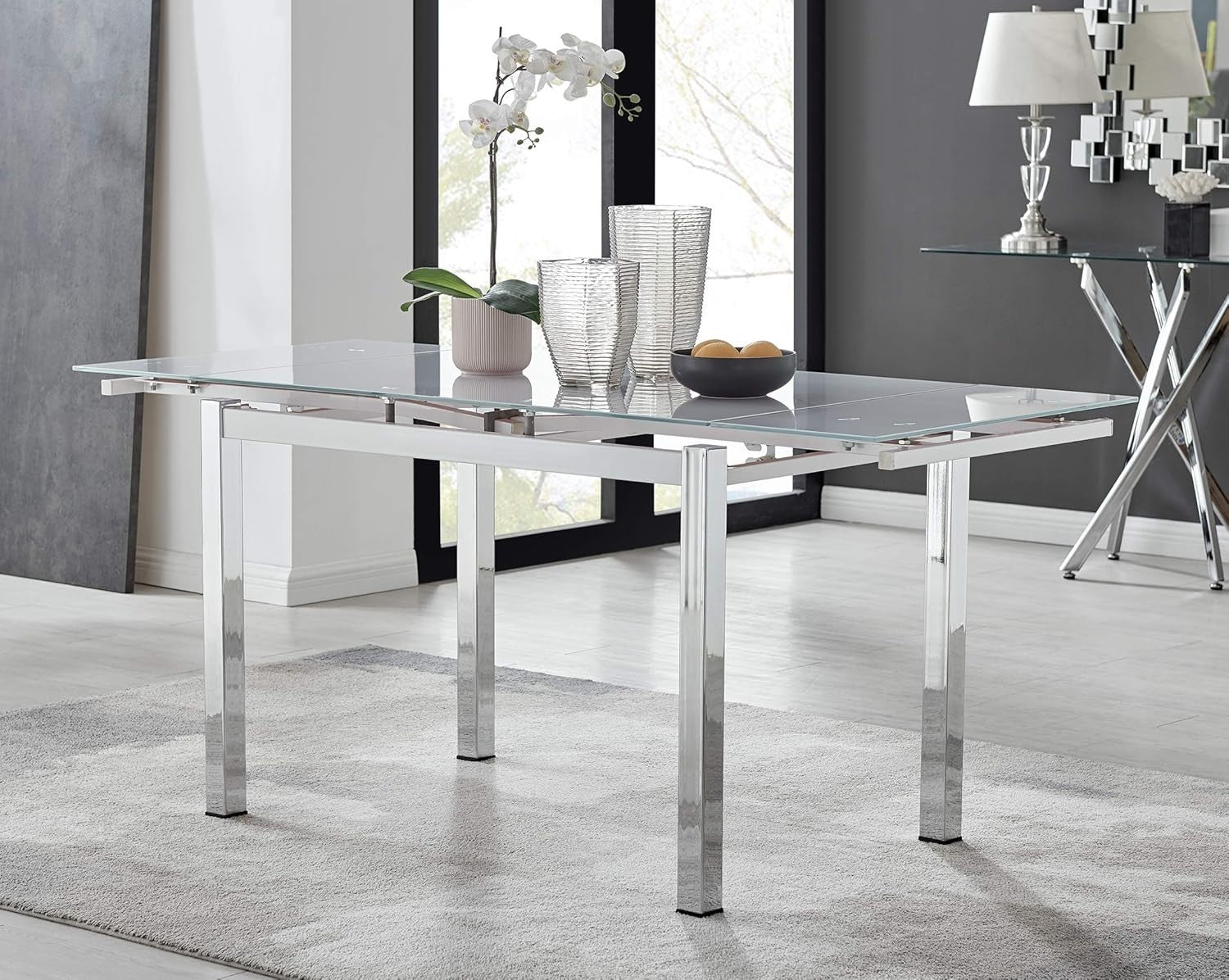 White Glass Extendable Dining Table Modern Chrome Legs 110–170cm Room
