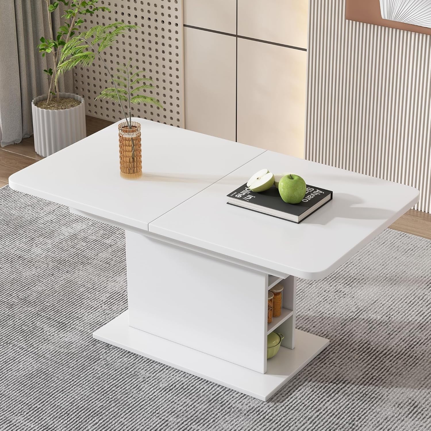 White Extendable Dining Table With Storage, Space Saving 130x70cm