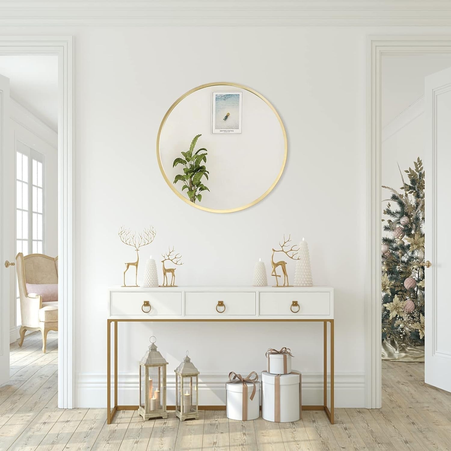 Gold Round Wall Mirror 80cm Metal Frame Bathroom Vanity Entryway Modern