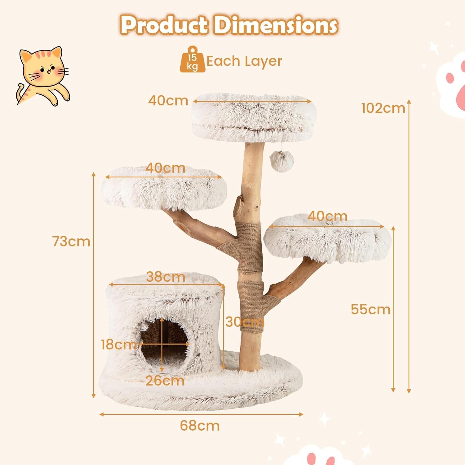 102cm Wooden Cat Tree White Multi Level Tower with Plush Perches & Jute Scratch