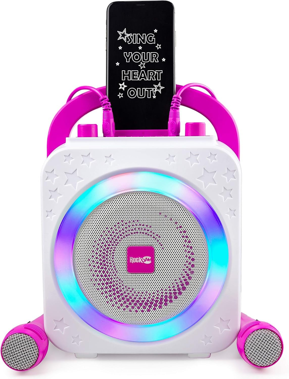 Bluetooth Karaoke Machine 10W with 2 Mics LED Party Speaker Pink