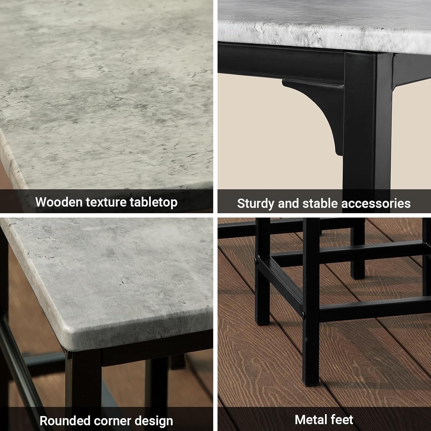 5-Piece Breakfast Bar Table Set with 4 Stools, Space Saving Dining – Black Grey
